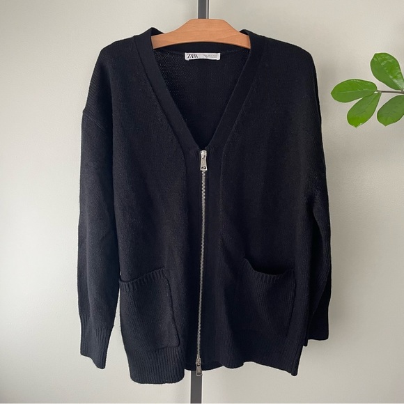 Zara Wool Blend Oversized Slouchy Knit Zip Up Cardigan Sweater Black Size Small - Picture 1 of 7